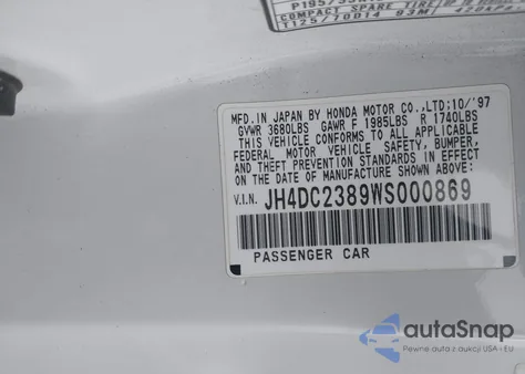 1998 Acura Integra Gs-R from USA, damaged, VIN JH4DC2389WS000869